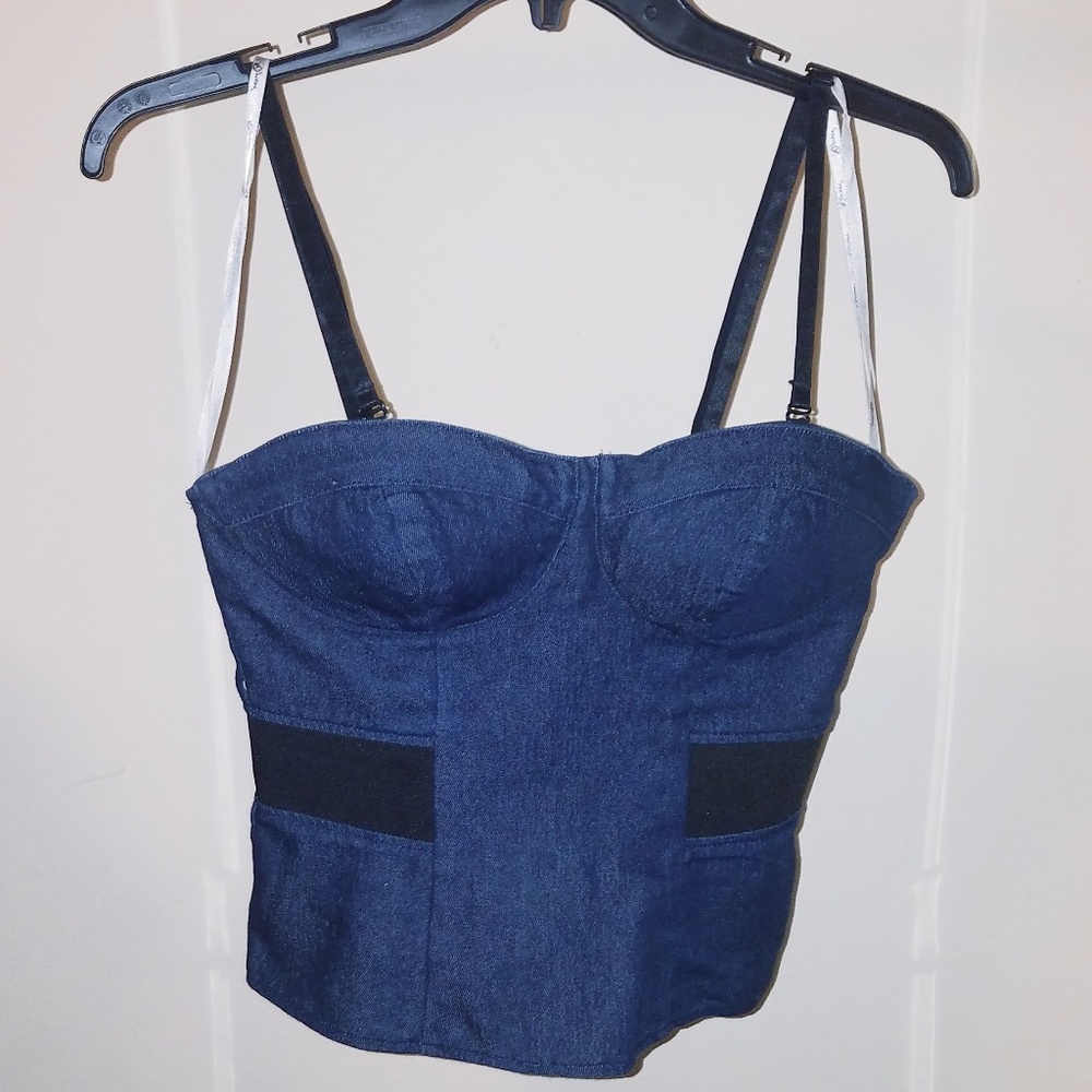 Guess Blue Denim Bustier Cotton Blend Top S